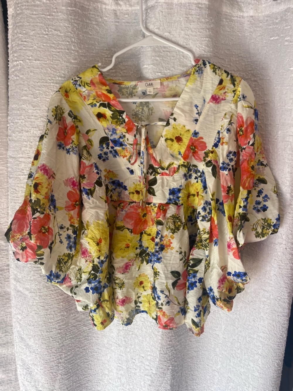 Oddi Floral Puff-Sleeve Peplum Blouse - Ivory with Yellow & Coral Flowers